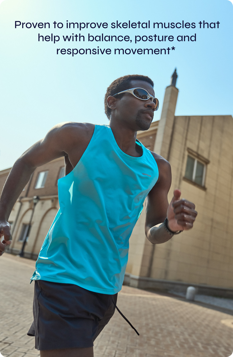 Person running outdoors with text about improving skeletal muscles.