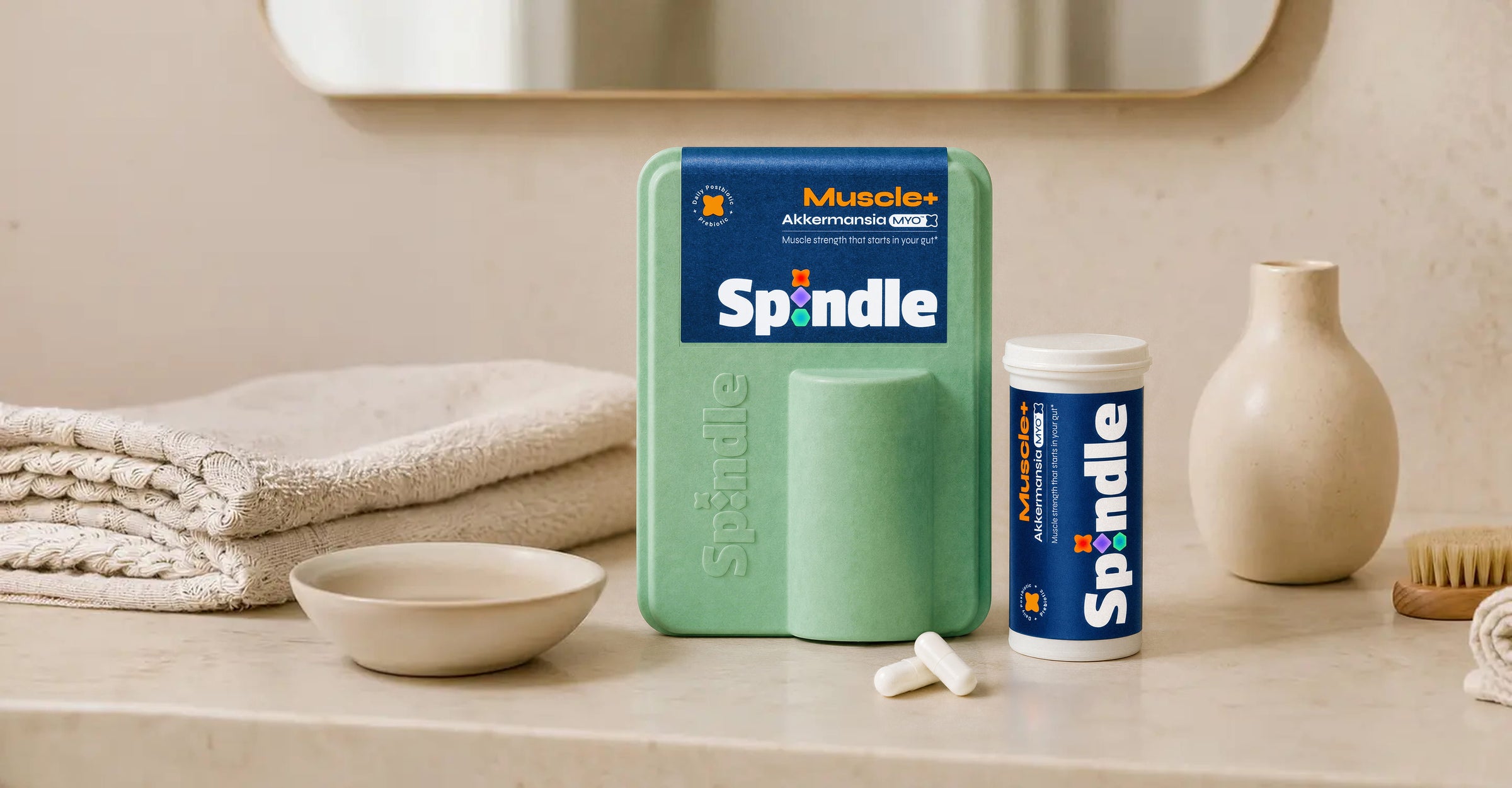 Spindle Muscle+ Bottle on Bathroom Table Top