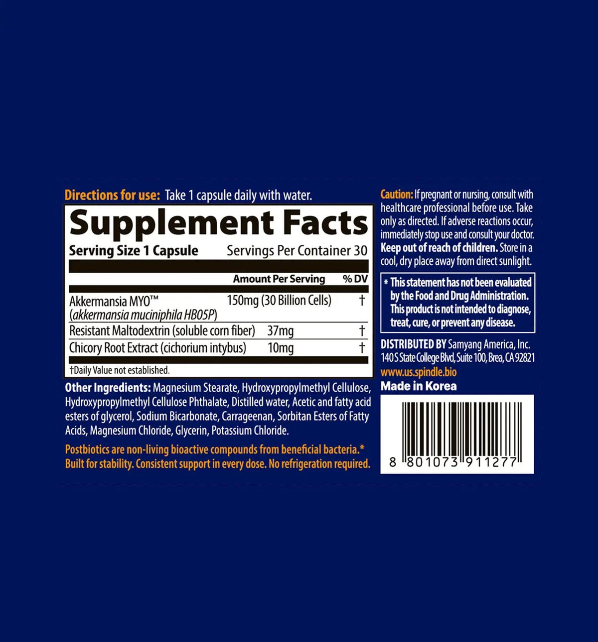 Spindle supplement label with detailed ingredient list and directions on a blue background